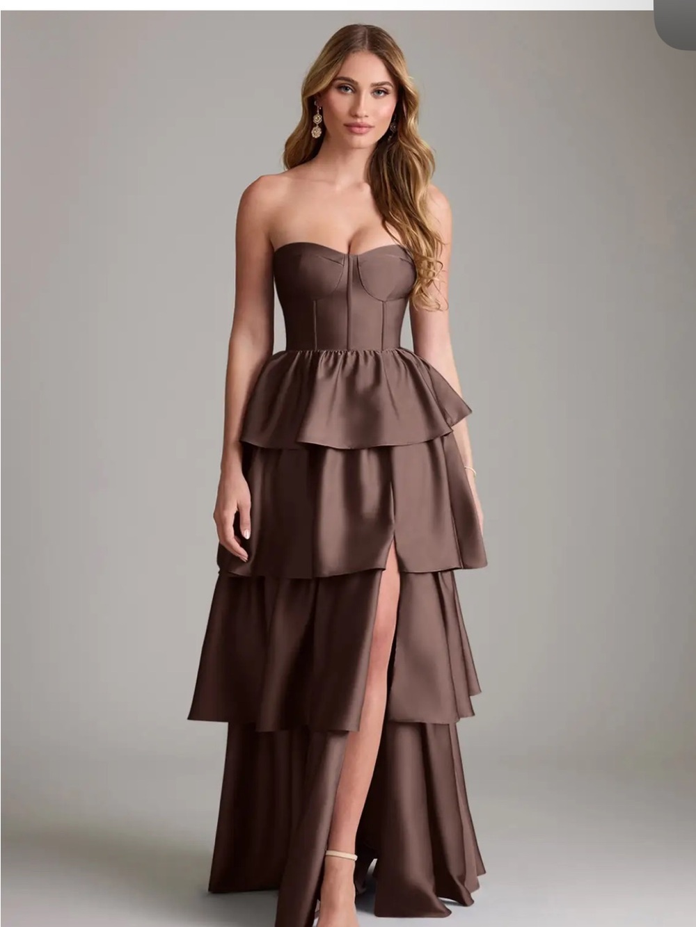 Strapless Chocolate Brown Tiered Peplum bridesmaid Dress